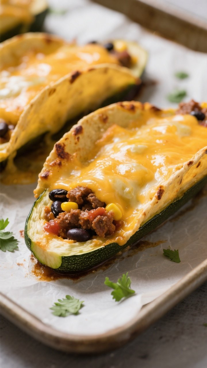 Close-up detail: Melted Mexican blend cheese bubbling over taco-stuffed zucchini boats just out of t