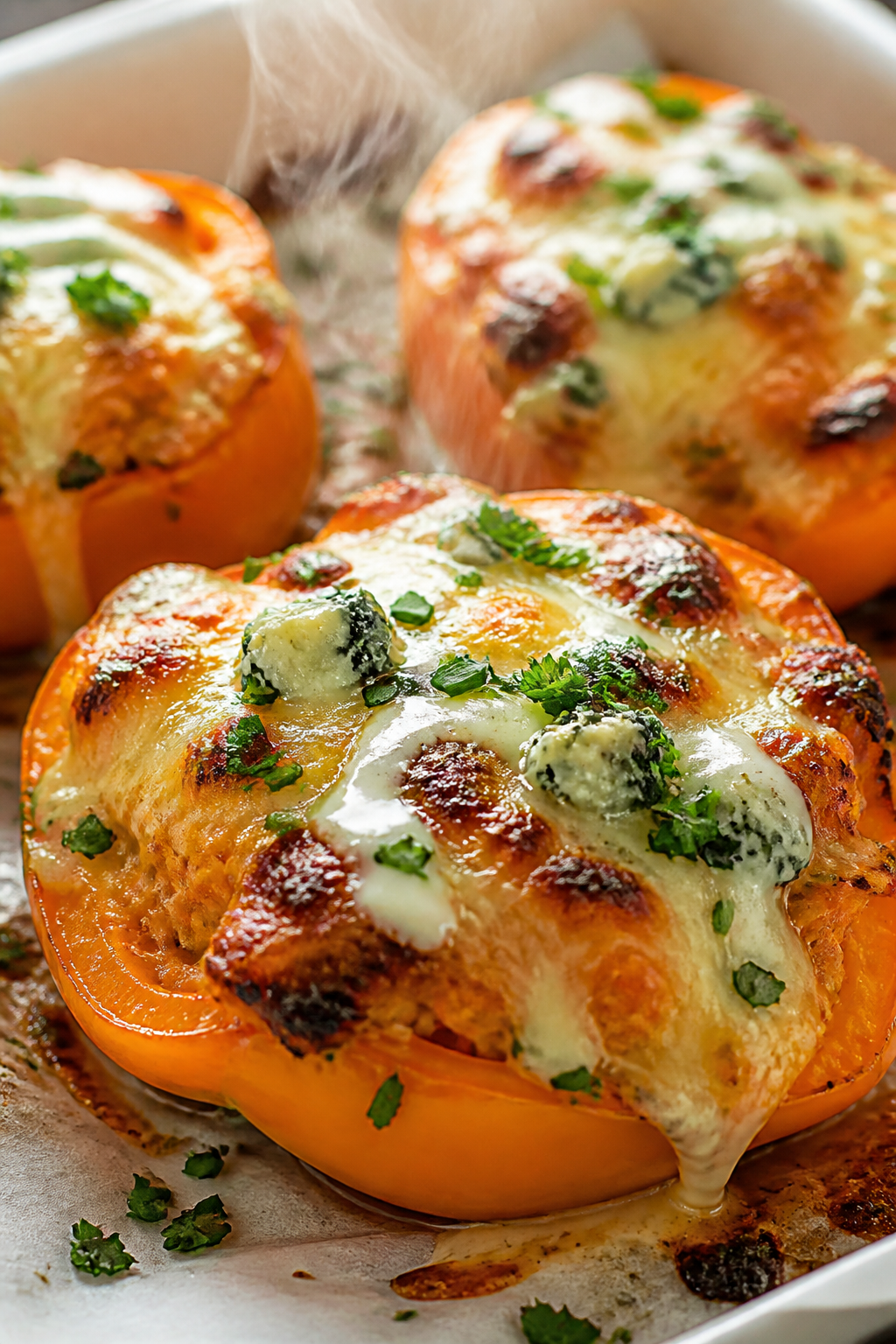 Close-up detail: Melted mozzarella and blue cheese bubbling over buffalo chicken stuffed peppers jus