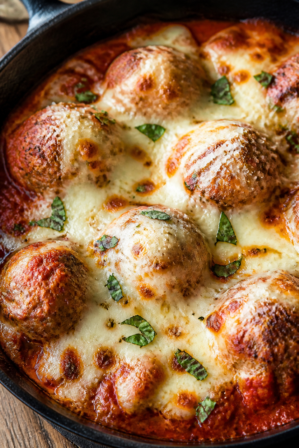 Close-up detail: Melted mozzarella blanketing oven-baked Italian meatballs in marinara, cheese bubbl