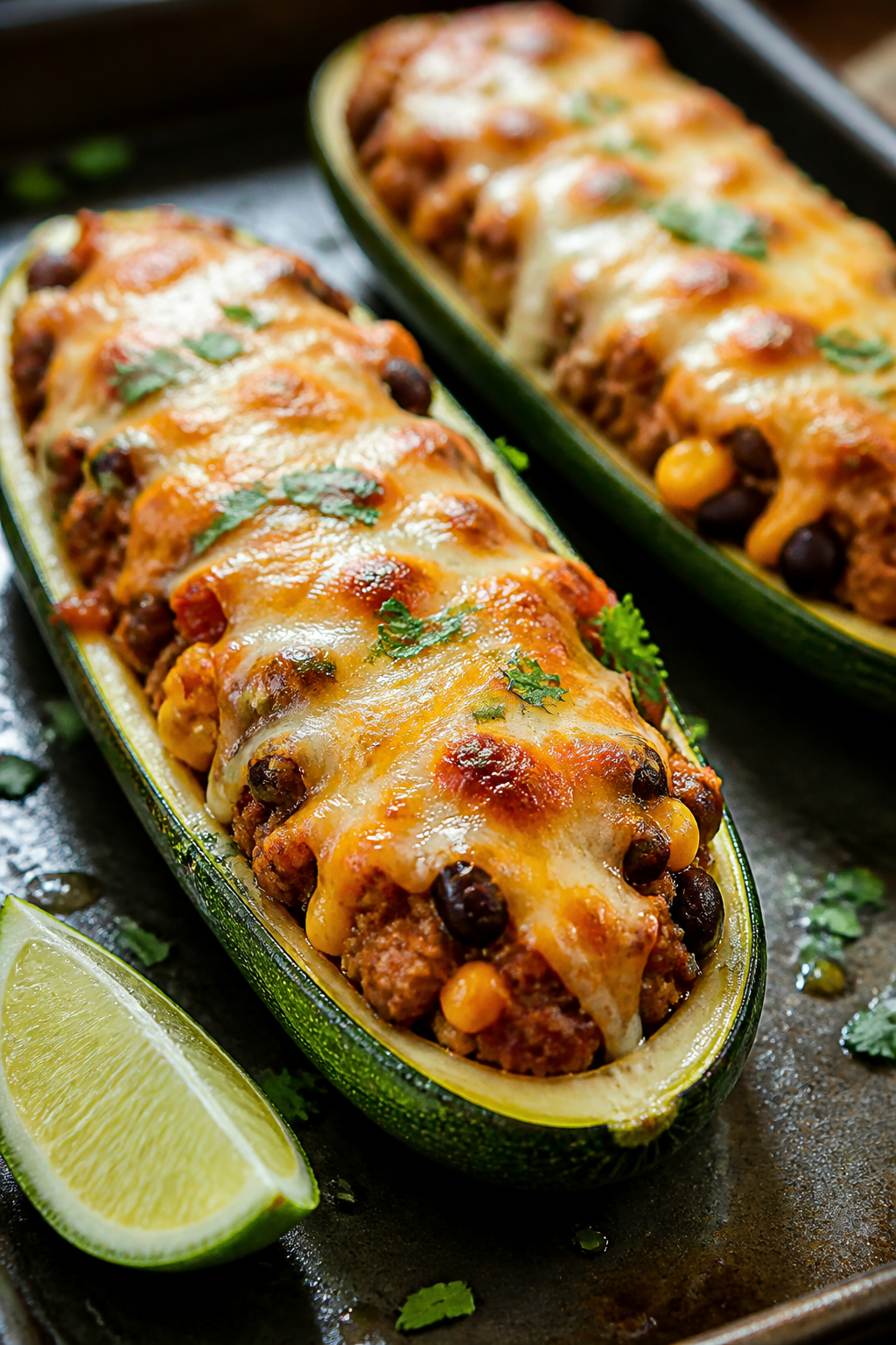 Close-up detail: Melty cheese-topped taco-stuffed zucchini boat fresh from the oven, showing browned