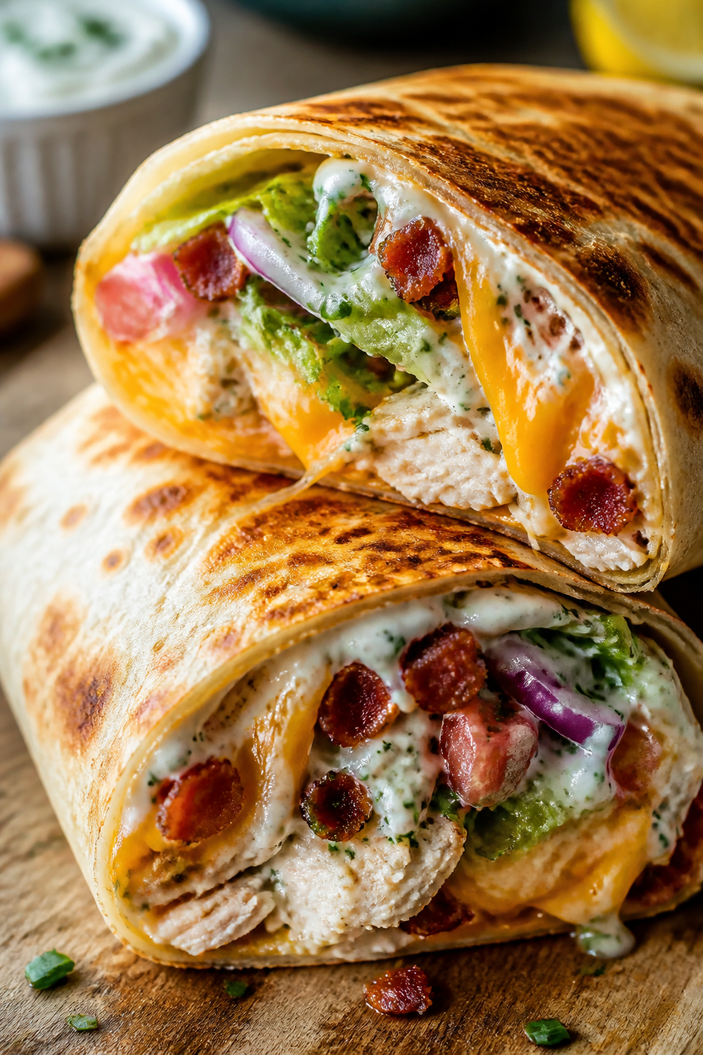 Close-up detail of a sliced Chicken Bacon Ranch wrap just off the skillet, showing melty cheddar str