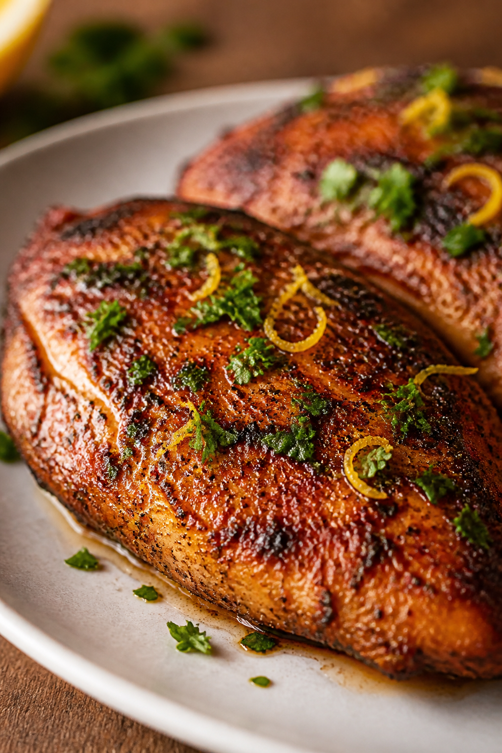 Close-up detail of Cajun-seared chicken cutlets just rested on a plate, showing juicy, glistening su