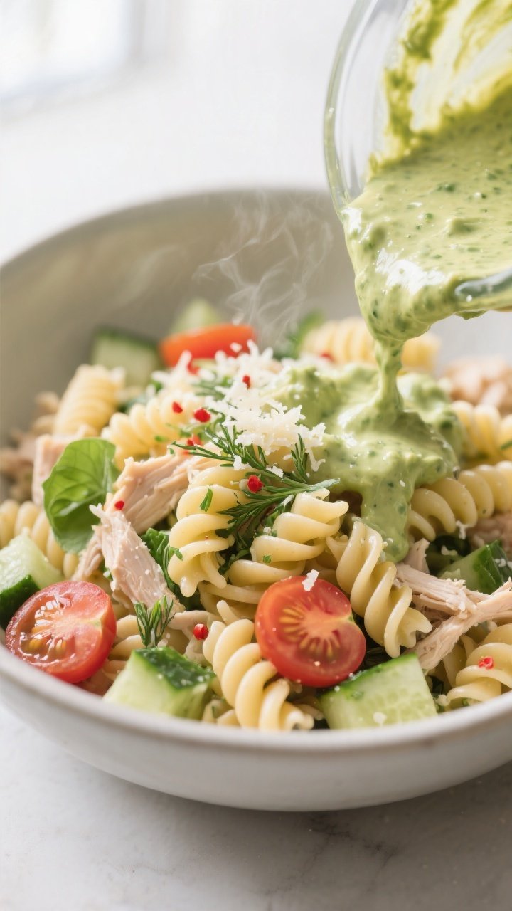 Close-up detail of creamy avocado dressing being folded into al dente fusilli and shredded chicken i