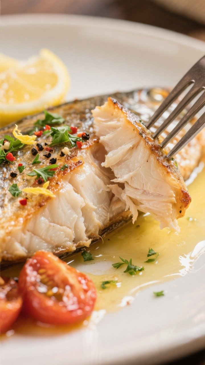Close-up detail of flaky fish: Macro shot of a just-baked tilapia fillet gently flaking with a fork