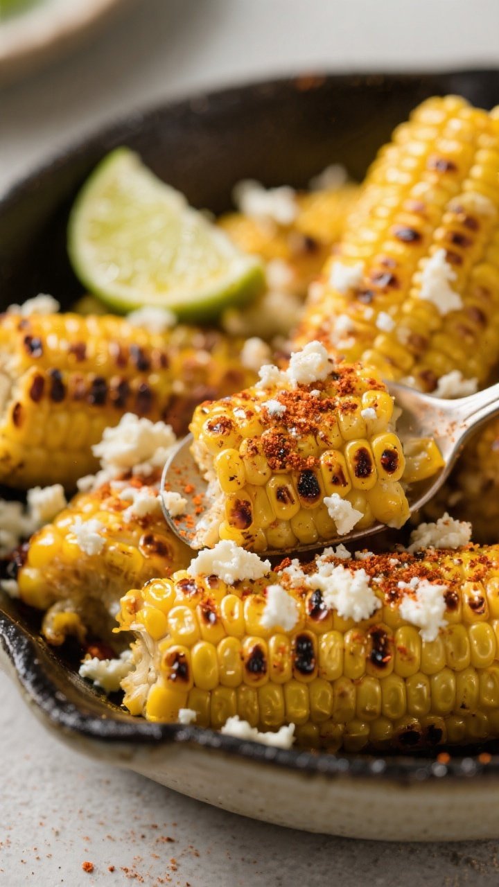 Close-up detail of the corn: Skillet-charred street corn just finished—kernels with golden-brown b