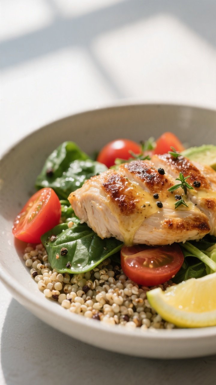 Close-up detail of the finished bowl’s texture and sheen: tight crop on juicy chicken with browned