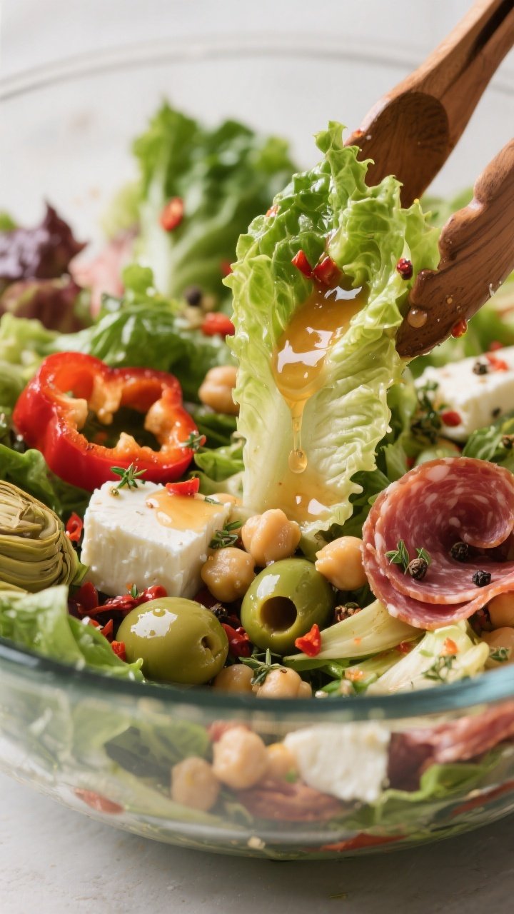 Close-up detail of the salad mid-toss in a large glass mixing bowl: greens and mix-ins already dress