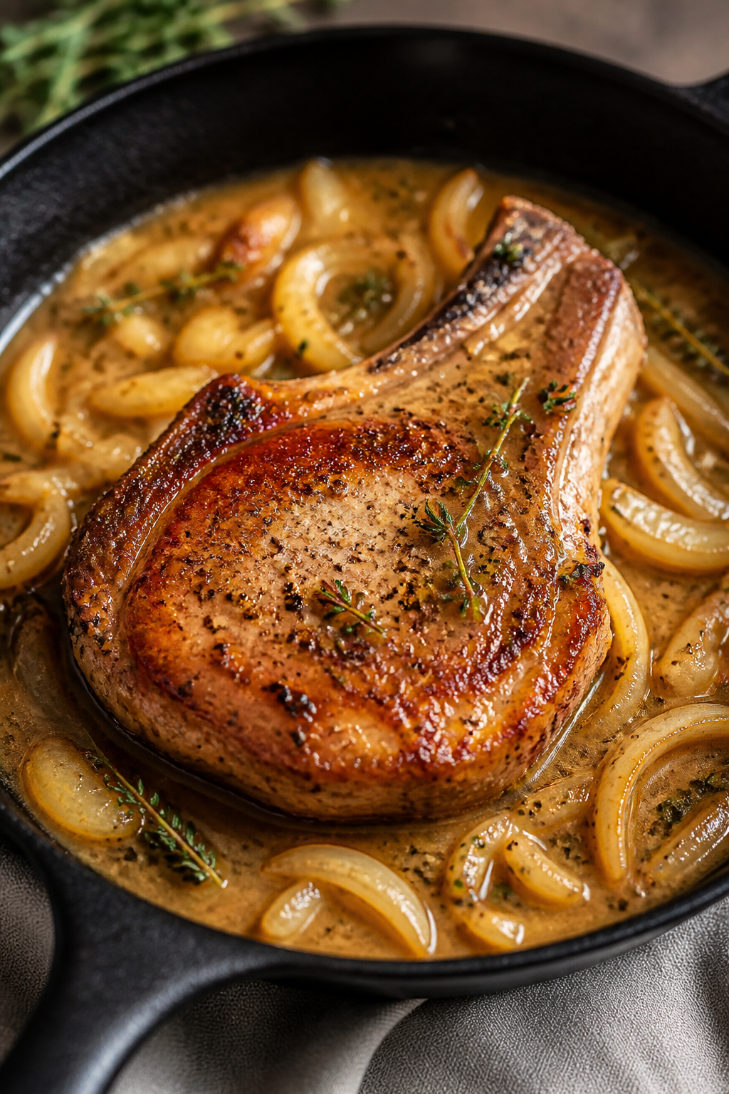 Close-up detail: Pan-seared bone-in pork chop nestled in silky golden-brown pan gravy, onions soften
