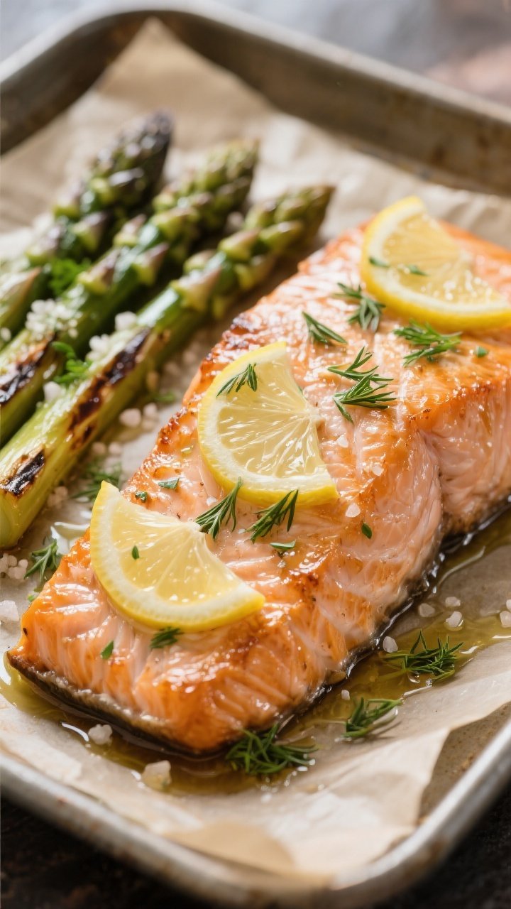 Close-up detail: Roasted salmon fillet just out of the oven with thin lemon slices melted into the s