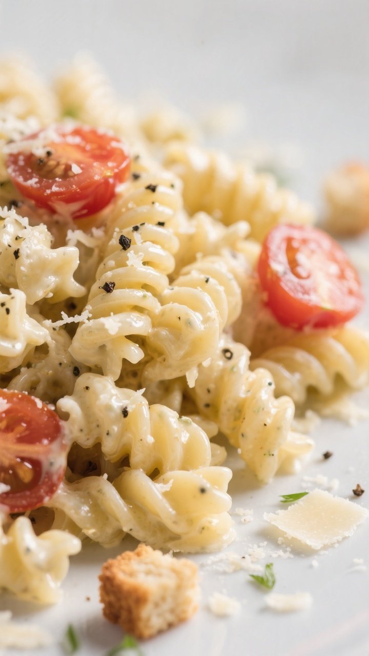 Close-up detail: Rotini pasta tossed in creamy Caesar dressing, each ridge glossy and coated, flecks