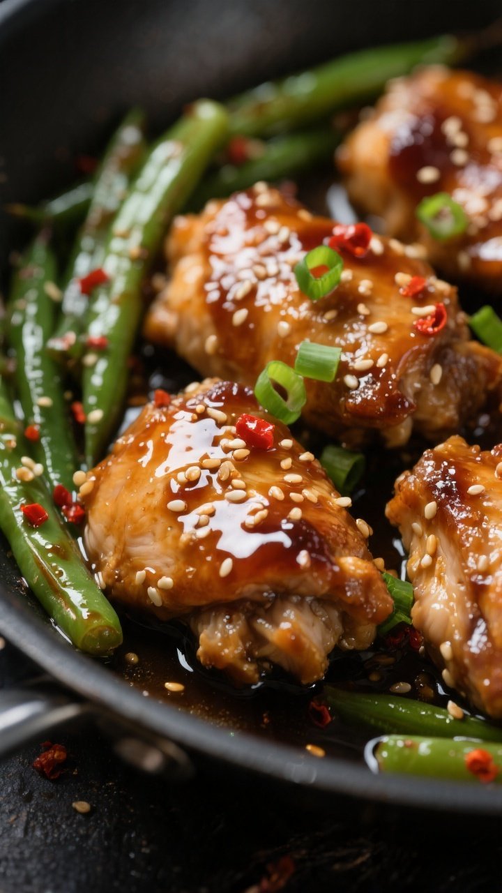 Close-up detail, sauce and texture focus: Ultra close-up of bite-sized chicken thighs glazed in a st