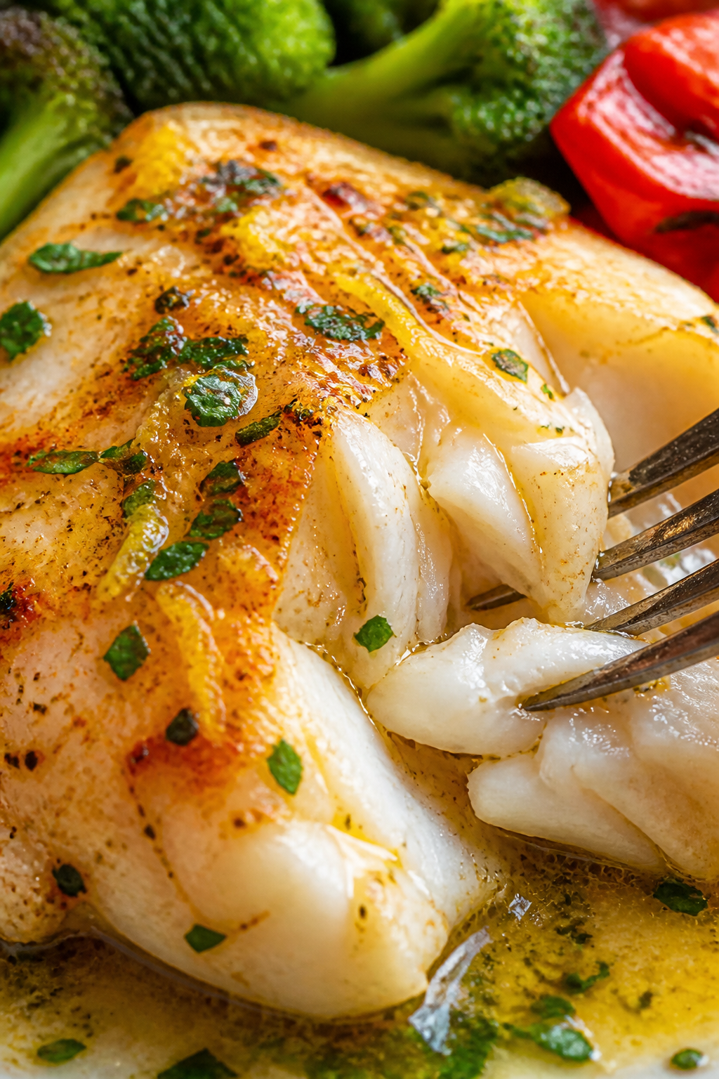 Close-up detail, saucy finish: Extreme close-up of a flaky cod fillet just after roasting, fork-tend