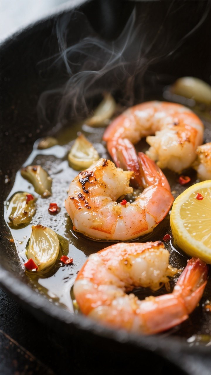 Close-up detail: Sautéed shrimp just after searing in a skillet, glistening with garlic-infused oli