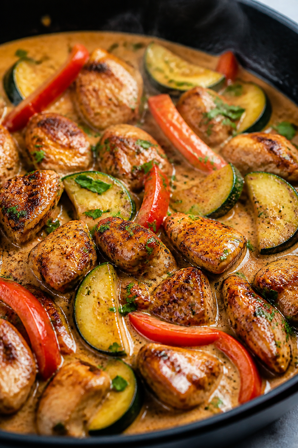 Close-up detail: Seared Cajun-spiced chicken bites nestled among crisp-tender zucchini half-moons an