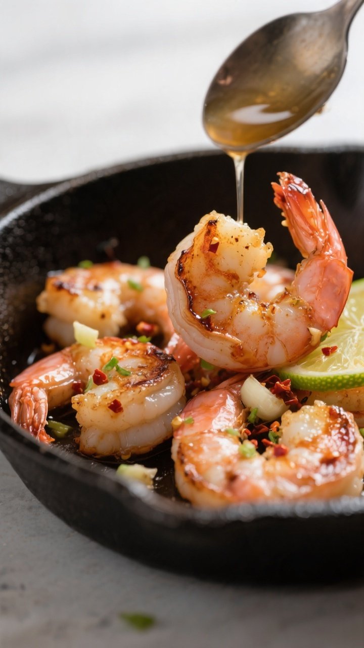Close-up detail: Seared honey-lime shrimp in a skillet, shot at a 45-degree angle, showing carameliz