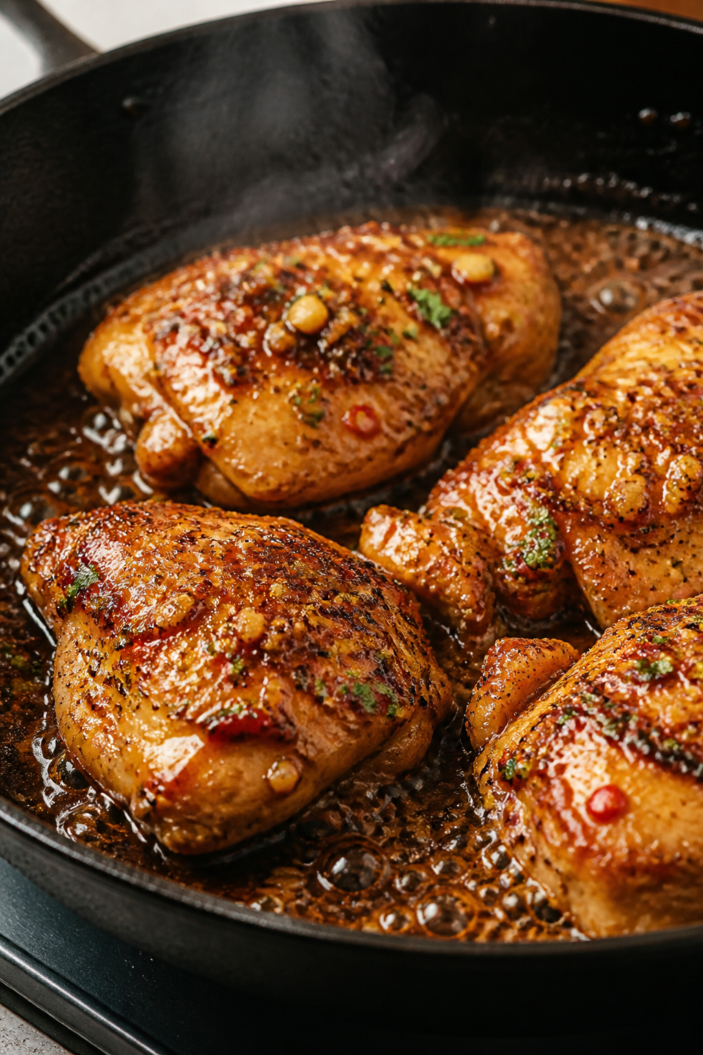 Close-up detail: Searing honey garlic chicken thighs in a heavy cast-iron skillet, golden-brown crus