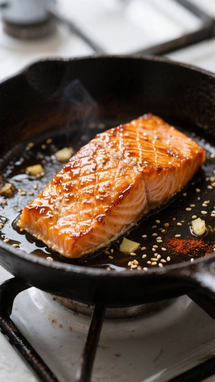 Close-up detail: Searing hot honey–glazed salmon skin-side down in a cast-iron skillet, showing cr
