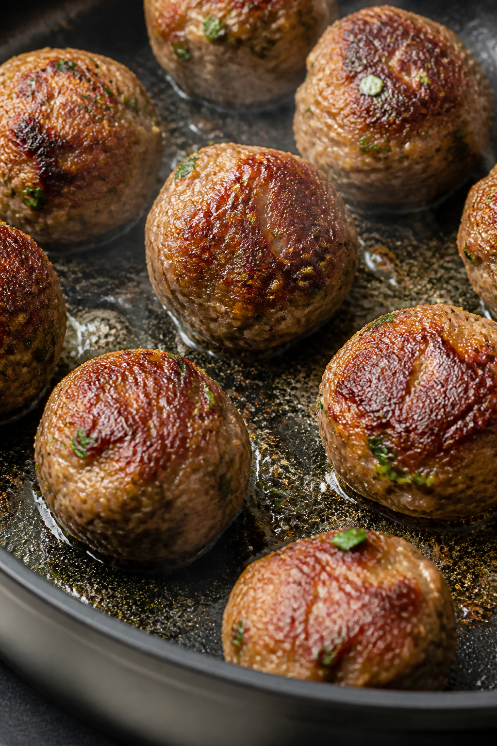 Close-up detail: Searing keto meatballs in a large oven-safe skillet, golden-brown crust forming on