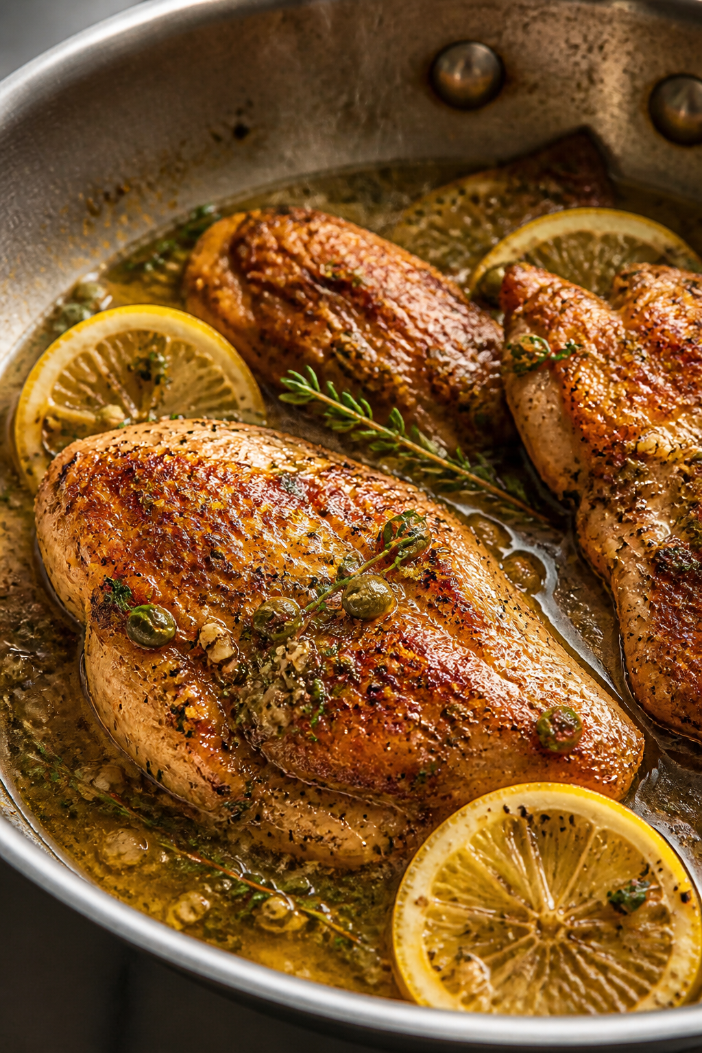 Close-up detail: Searing lemon-herb chicken in a large stainless skillet, golden-brown crust with vi