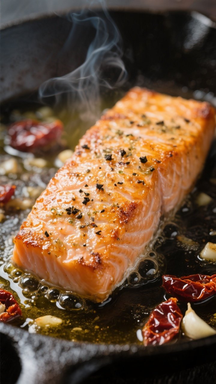 Close-up detail: Searing salmon fillet in a skillet, golden crisp crust with visible Italian seasoni