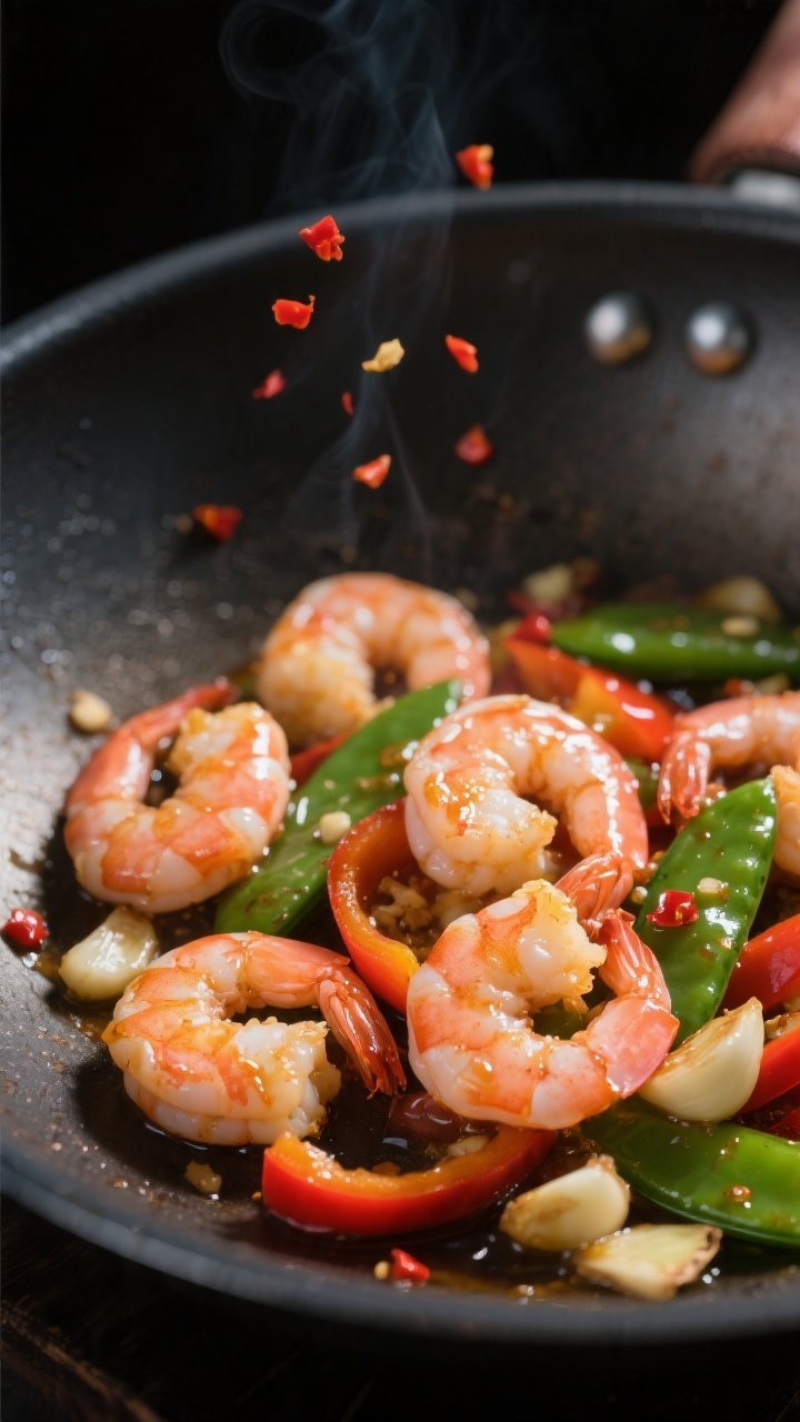 Close-up detail: Searing shrimp in a sizzling wok, shrimp just turned pink and curled into C-shapes