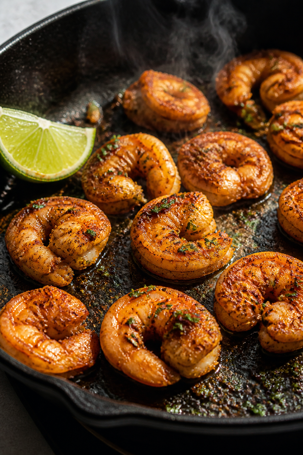 Close-up detail: Searing taco-spiced shrimp in a hot skillet mid-cook, shrimp curled into loose “C
