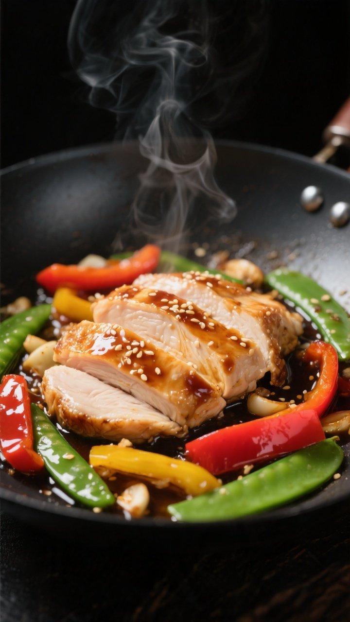 Close-up detail: Searing thin-sliced chicken breast in a wok until lightly browned and glossy, corns