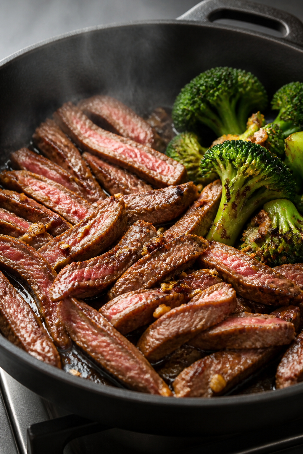 Close-up detail: Searing thinly sliced flank steak in a dark cast-iron skillet over high heat, showi