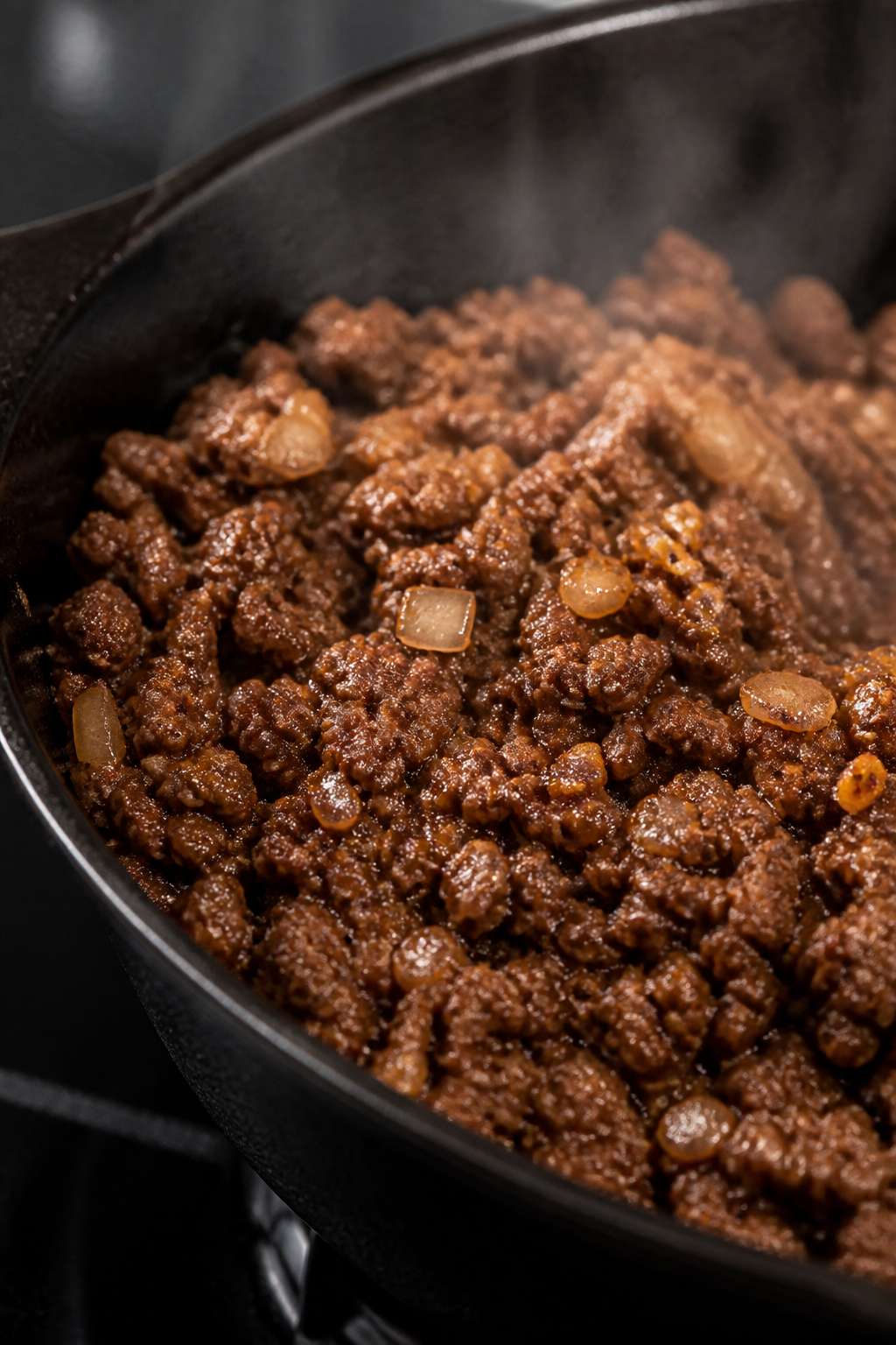 Close-up detail: Seasoned ground beef sizzling in a black cast-iron skillet after browning, coated w