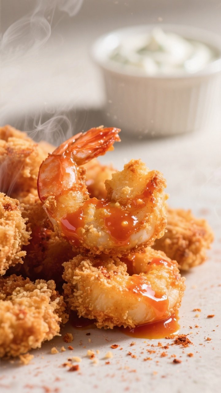 Close-up detail: Shatter-crisp Buffalo shrimp just tossed in a glossy hot-sauce-and-butter glaze, mi