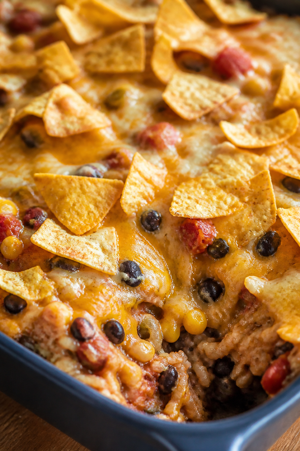 Close-up detail shot: A bubbling, just-out-of-the-oven taco casserole surface with golden, melted Me