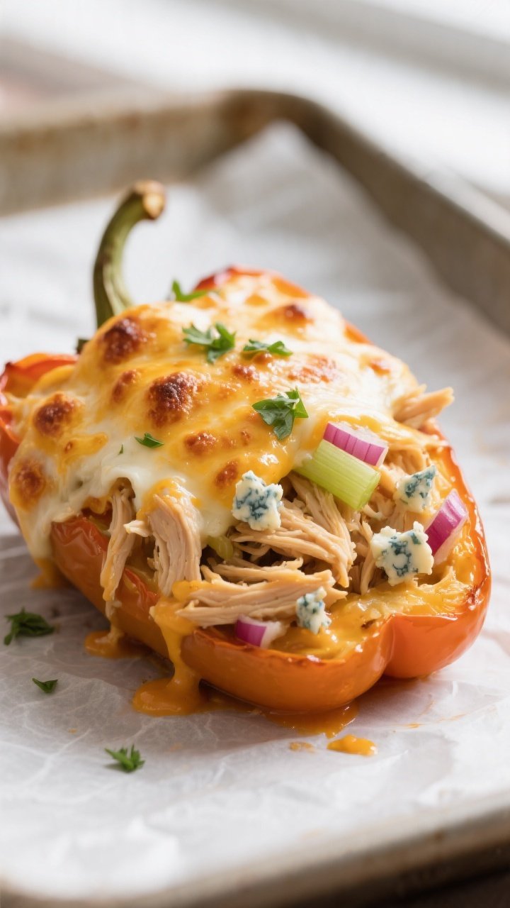 Close-up detail shot: A just-baked Buffalo Chicken Stuffed Pepper half on a parchment-lined baking d