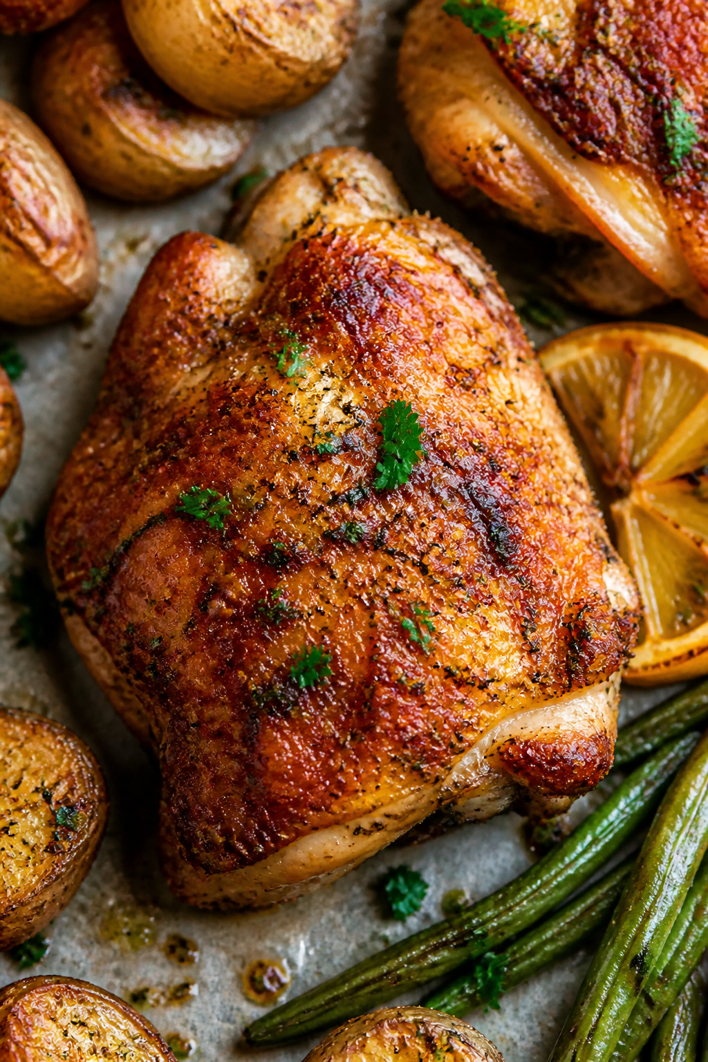 Close-up detail shot: Crispy, golden-brown bone-in chicken thigh just out of the oven, skin blistere