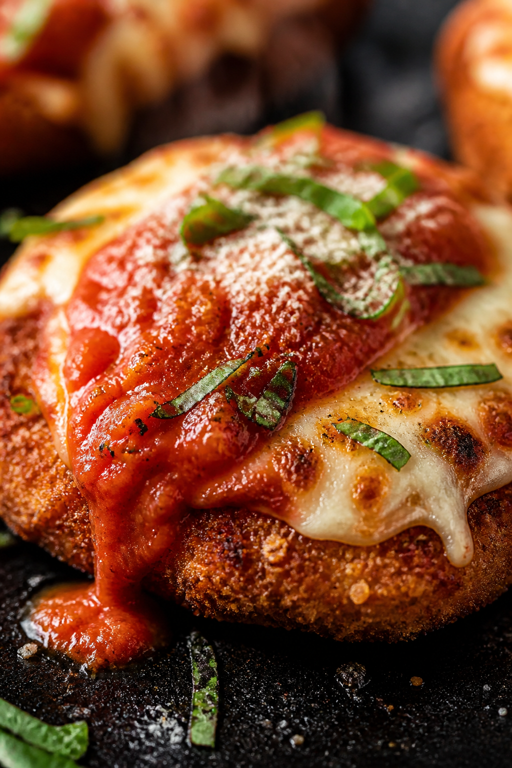 Close-up detail shot: Golden, crispy chicken parmesan cutlet just after broiling, coated in whole-wh