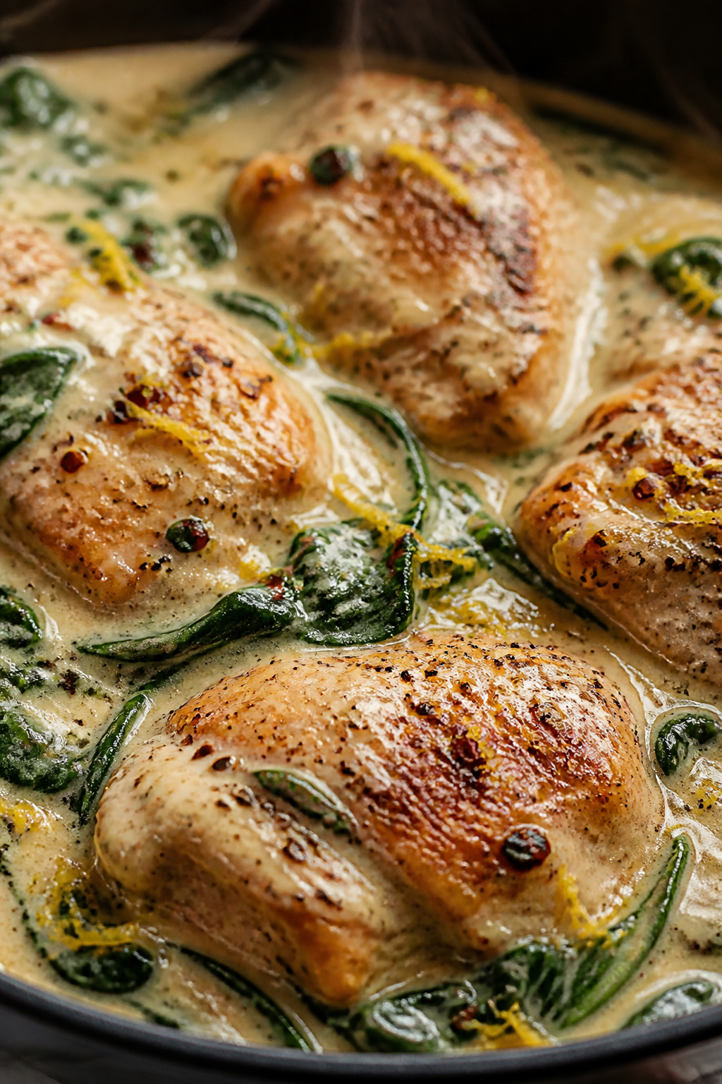 Close-up detail shot: Golden-seared chicken pieces nestled in a silky creamy garlic-Parmesan sauce, 