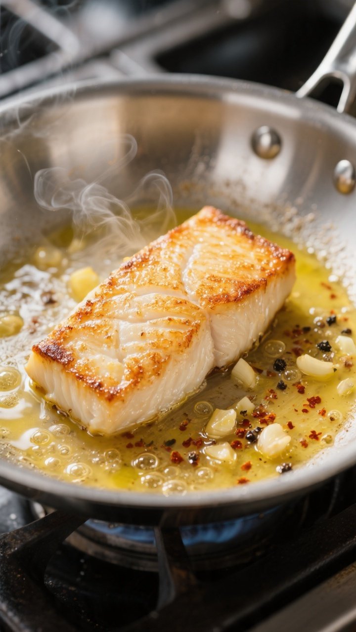 Close-up detail shot: Golden-seared cod fillet just flipped in a stainless steel skillet, edges turn
