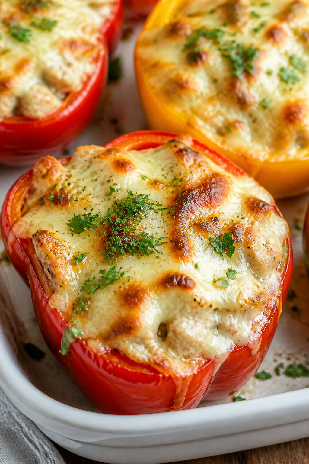 Close-up detail shot: Melted, lightly golden cheese cap on Chicken Alfredo–stuffed red and yellow 