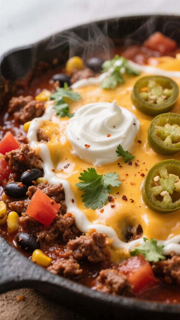 Close-up detail shot: Melted reduced-fat Mexican blend cheese stretching over a bubbling ground beef