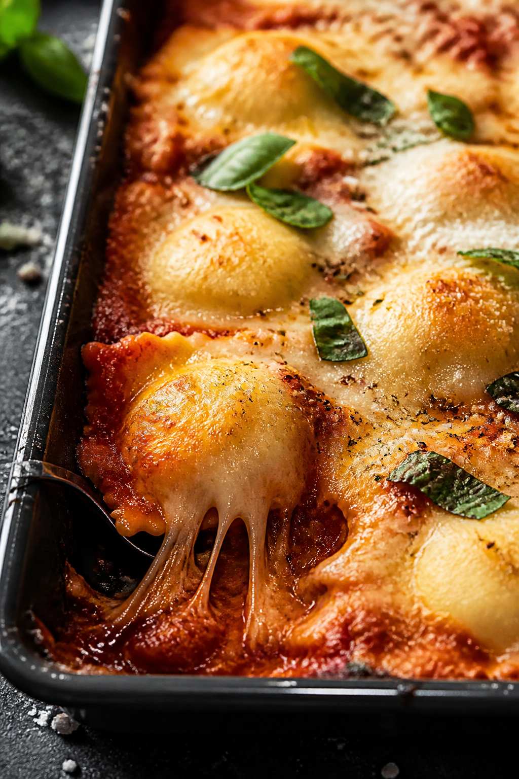 Close-up detail shot of a baked ravioli casserole corner just after uncovering, cheese fully melted 