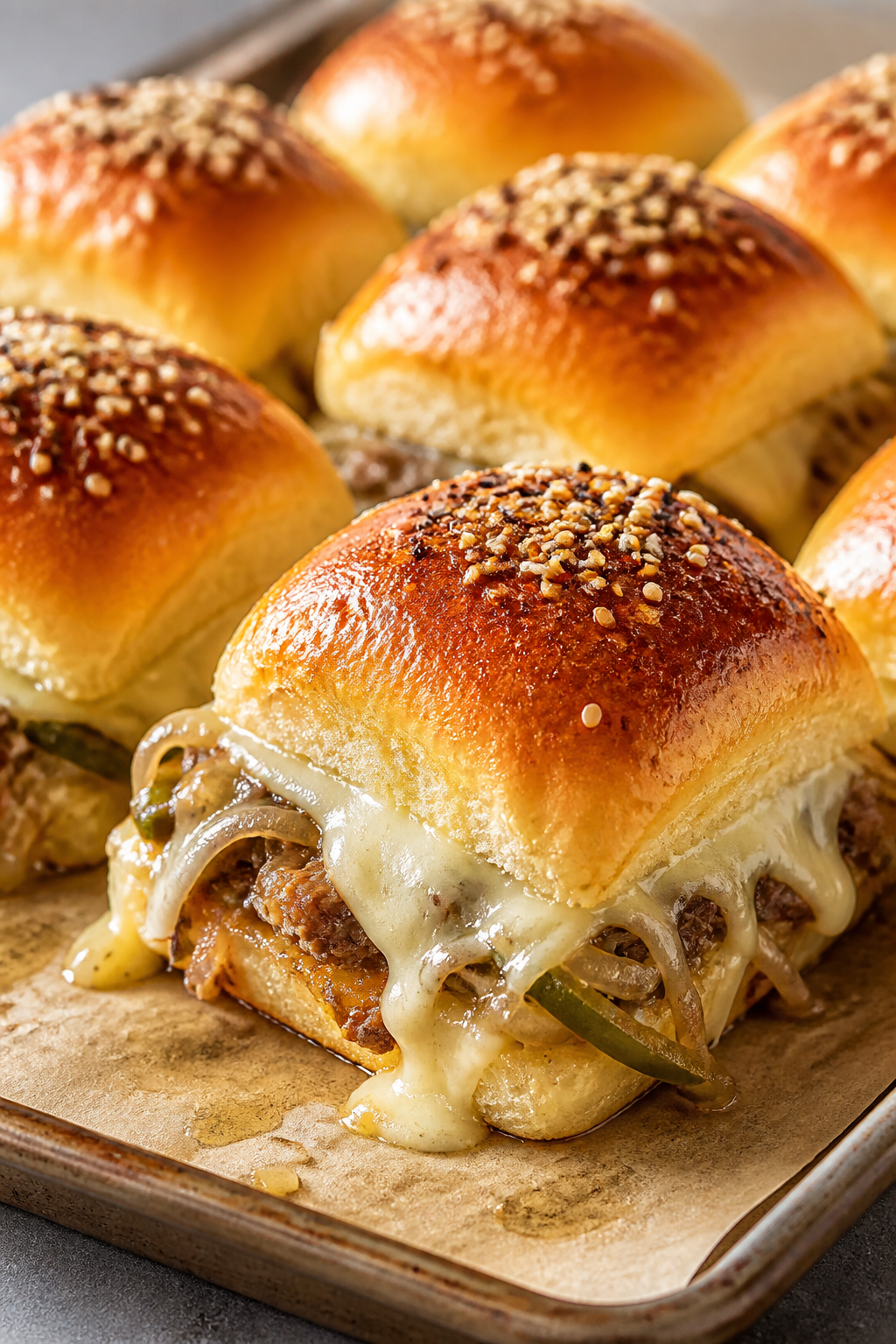 Close-up detail shot of freshly baked Lazy Philly Cheesesteak Sliders just out of the oven: golden, 