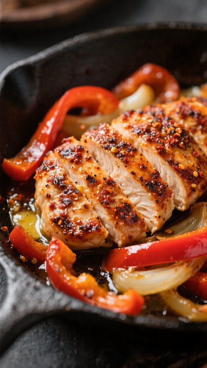 Close-up detail shot of seared Cajun-seasoned chicken slices nestled with sautéed bell peppers and