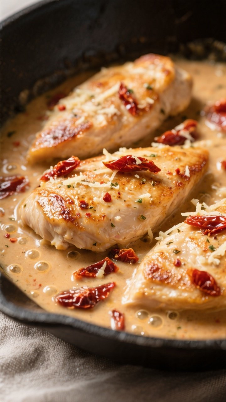Close-up detail shot of seared chicken cutlets nestled in a creamy sun-dried tomato Parmesan sauce m