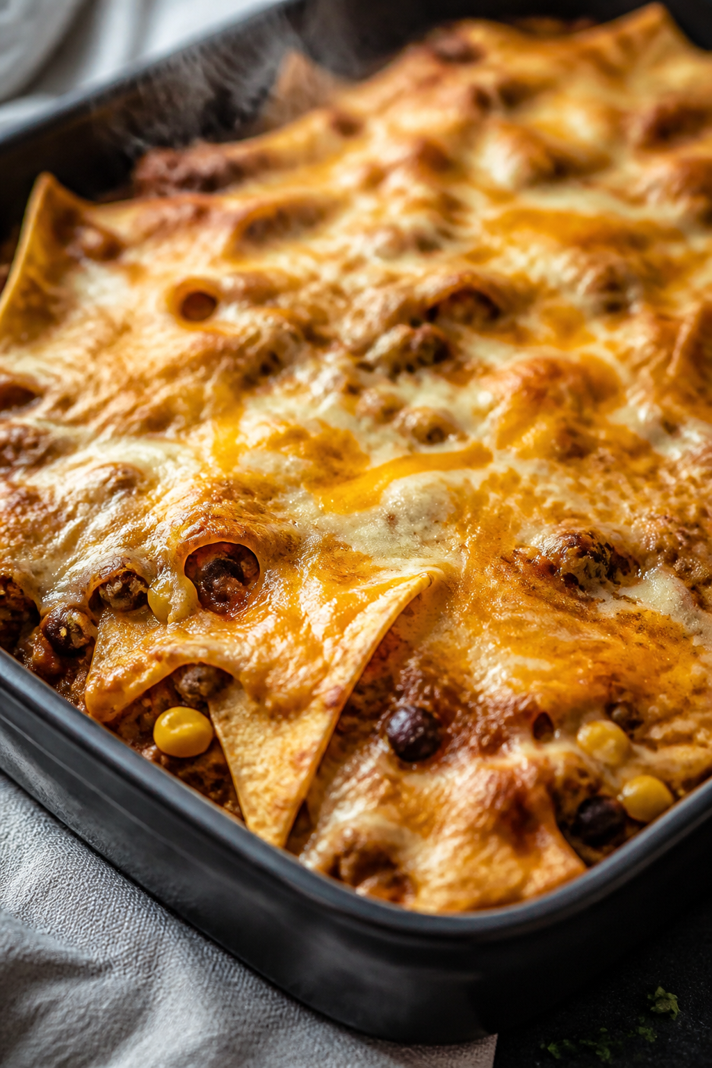 Close-up detail shot of the taco bake just out of the oven: bubbling, lightly golden melted cheddar 