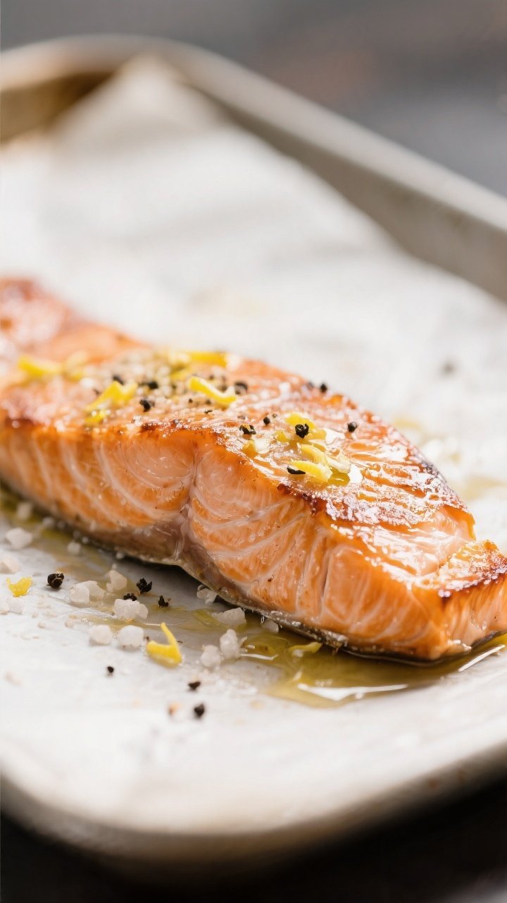Close-up detail shot: Roasted salmon fillet just out of the oven at 400°F, surface glistening with 