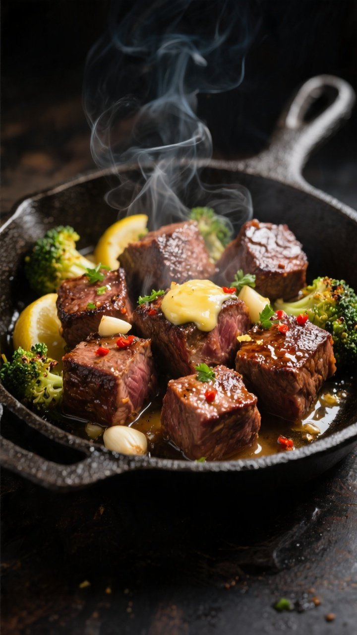 Close-up detail shot: Sizzling garlic-butter steak bites in a cast-iron skillet right after tossing 