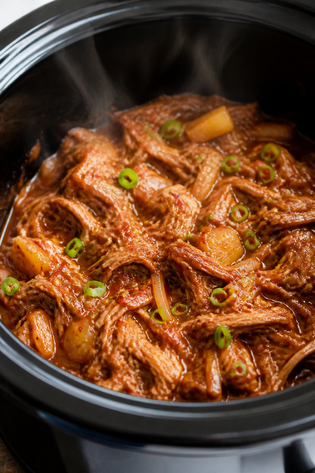 Close-up detail: Shredded Hawaiian BBQ chicken just returned to the slow cooker and folded through g