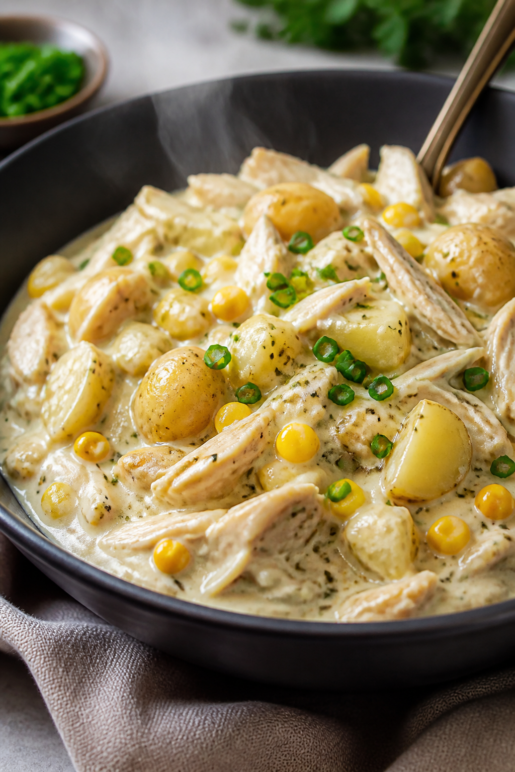 Close-up detail: Shredded ranch chicken folded into a silky cream-cheese sauce with tender, glisteni