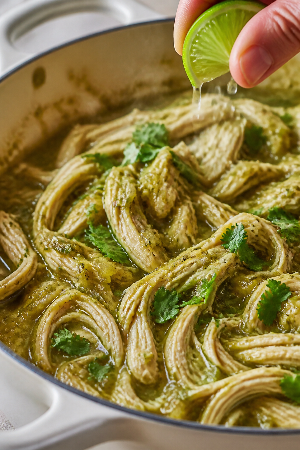 Close-up detail: Shredded salsa verde chicken just after cooking, glistening and juicy in a shallow 