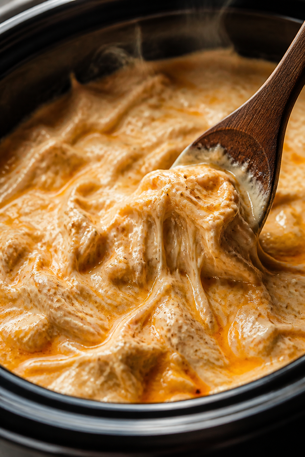 Close-up detail: Shredded slow-cooked chicken folded into a silky ranch-cheddar-cream cheese sauce i