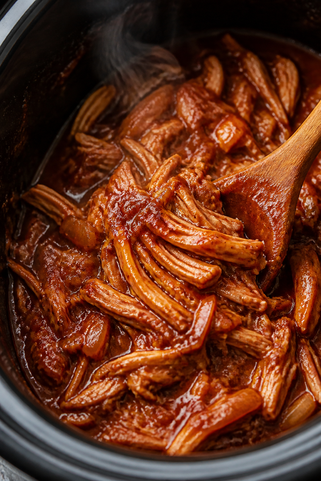 Close-up detail: Shredded slow-cooker BBQ chicken glistening in a glossy, brick-red sauce inside the